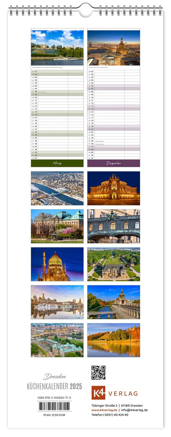 Bild: 9783910680715 | Küchenkalender Dresden 2025 | 15 x 40 cm weißes Kalendarium | Kalender