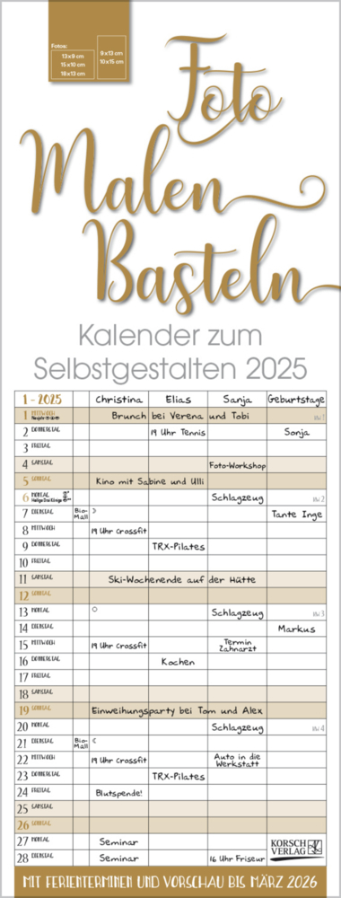 Cover: 9783731878506 | Foto-Malen-Basteln Familientimer gold 2025 | Korsch Verlag | Kalender