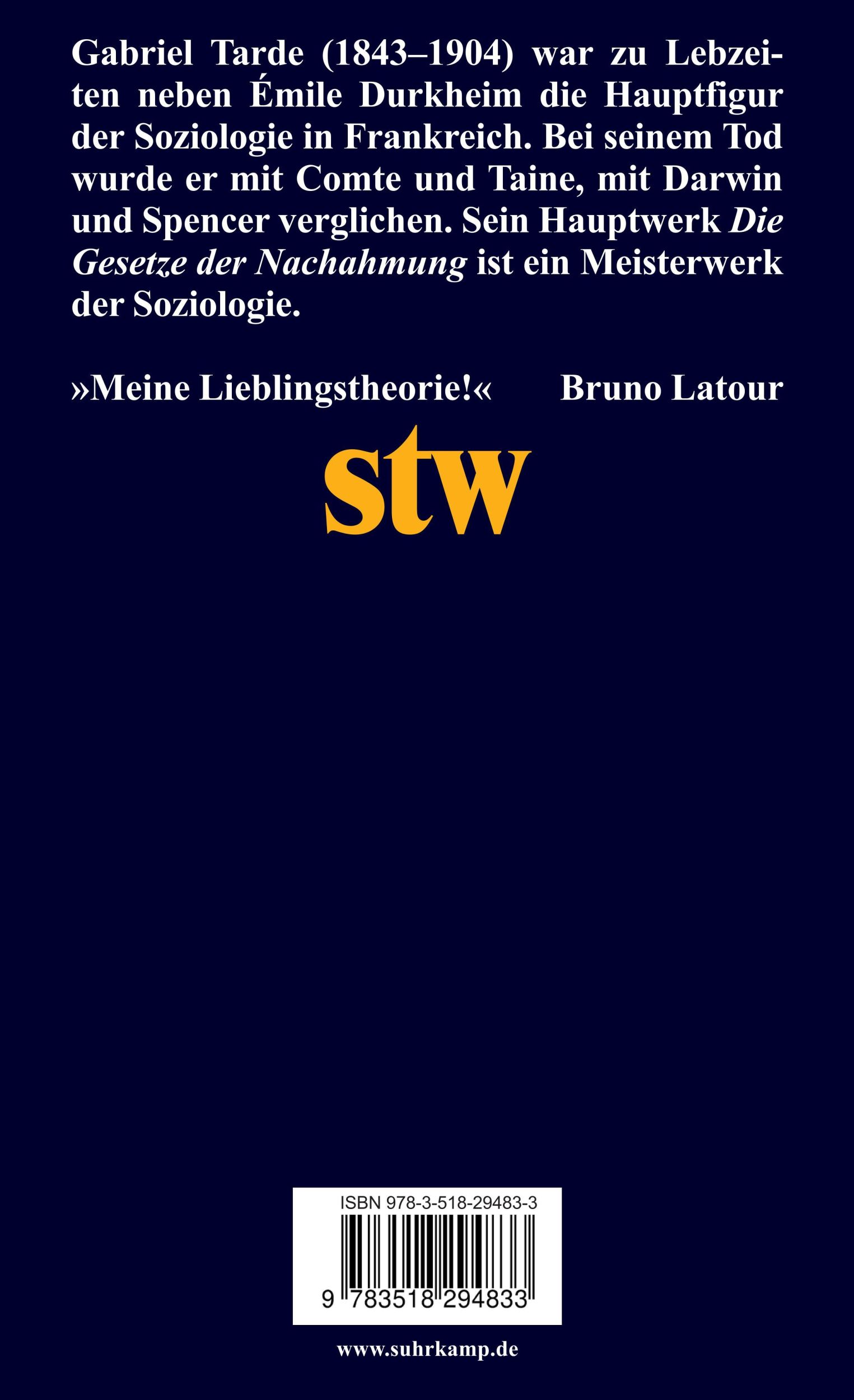 Rückseite: 9783518294833 | Die Gesetze der Nachahmung | Gabriel Tarde | Taschenbuch | 400 S.