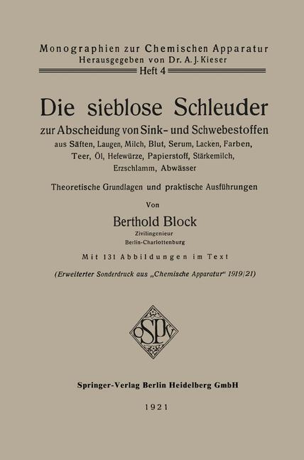 Cover: 9783662336526 | Die sieblose Schleuder zur Abscheidung von Sink- und Schwebestoffen...