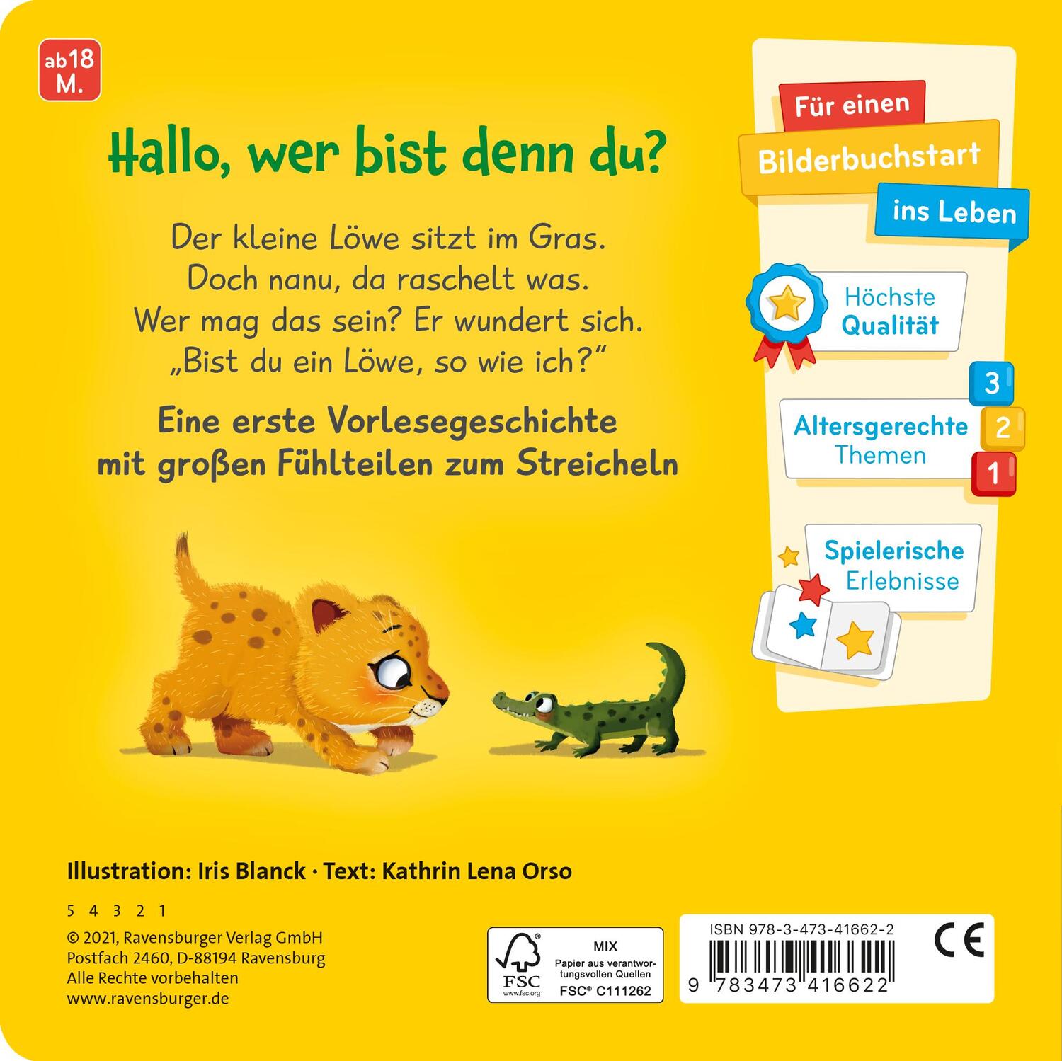 Rückseite: 9783473416622 | Mein erstes Vorlese-Fühlbuch: Bist du ein Löwe? | Kathrin Lena Orso