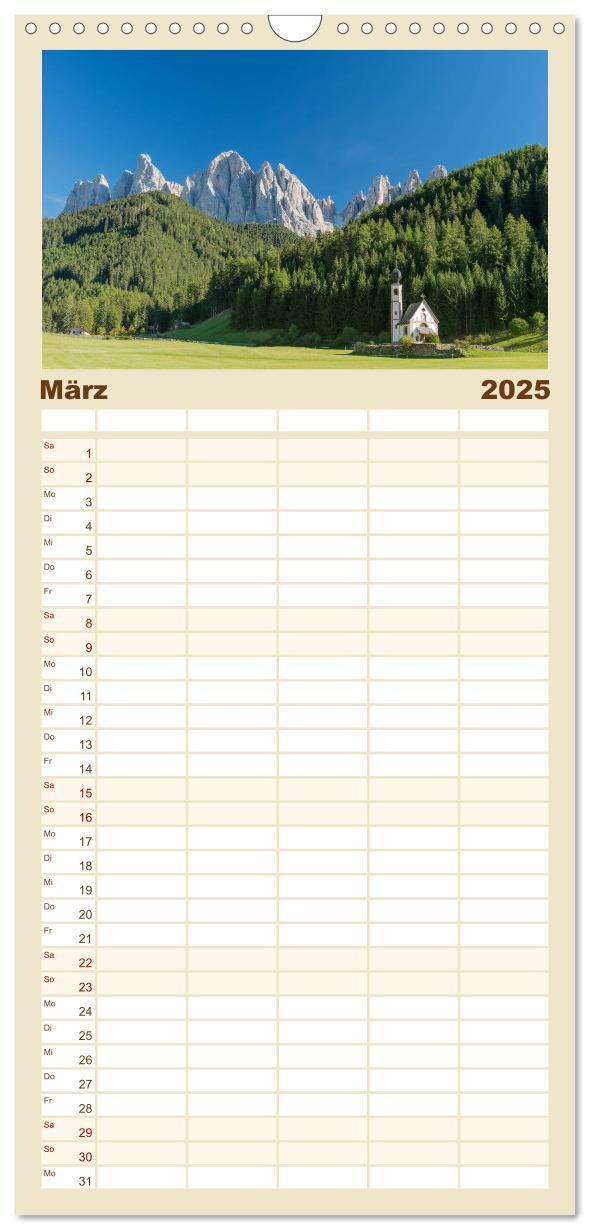 Bild: 9783457120712 | Familienplaner 2025 - Dolomiten mit 5 Spalten (Wandkalender, 21 x...