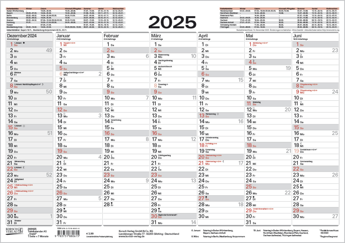 Cover: 9783731880615 | Tafelkalender A5 "Stabil" 2025 | Korsch Verlag | Kalender | 1 S.