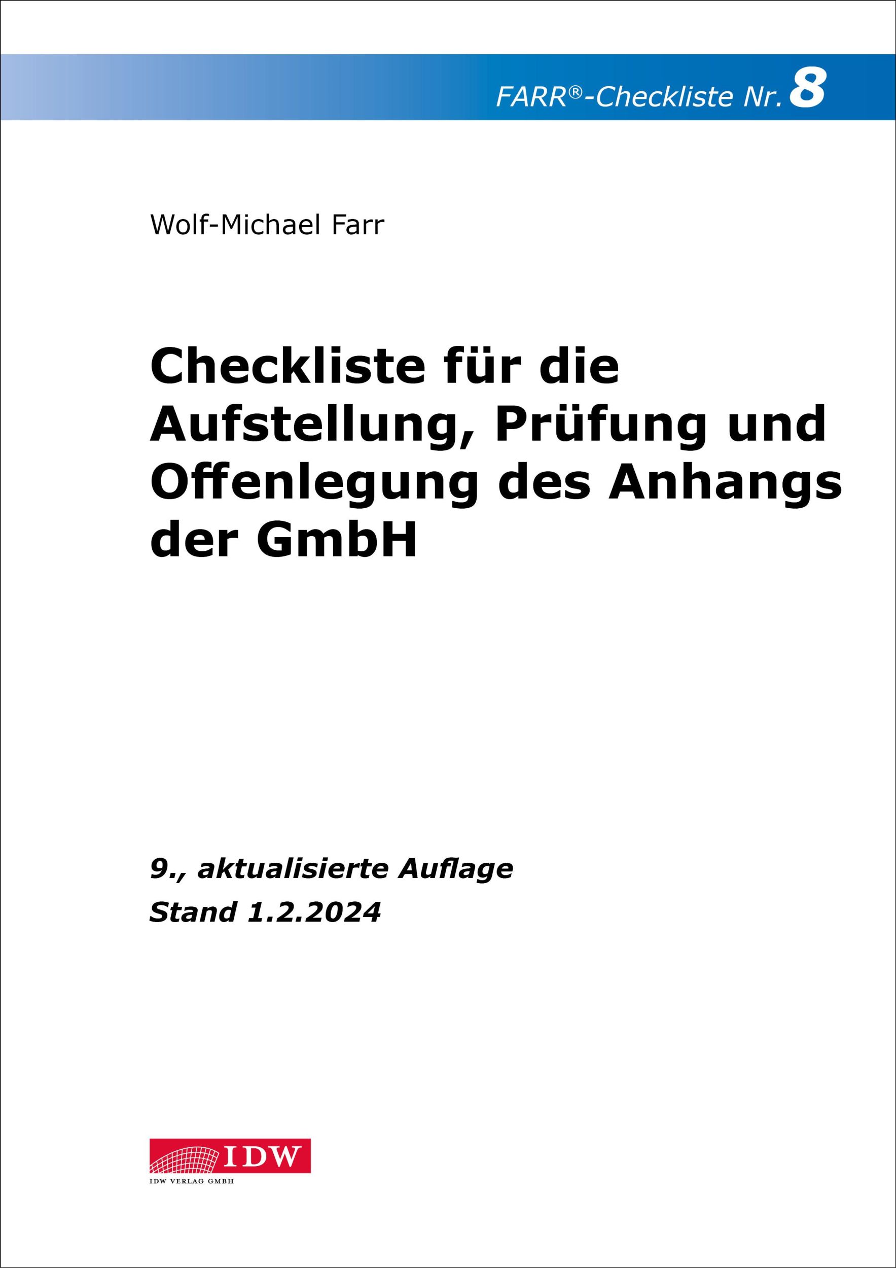 Cover: 9783802129582 | FARR Checkliste 8 für die Aufstellung, Prüfung und Offenlegung des...