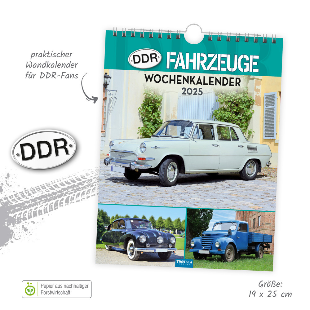 Bild: 9783988022660 | Trötsch Wochenkalender zum Hängen DDR-Fahrzeuge 2025 | Wandkalender