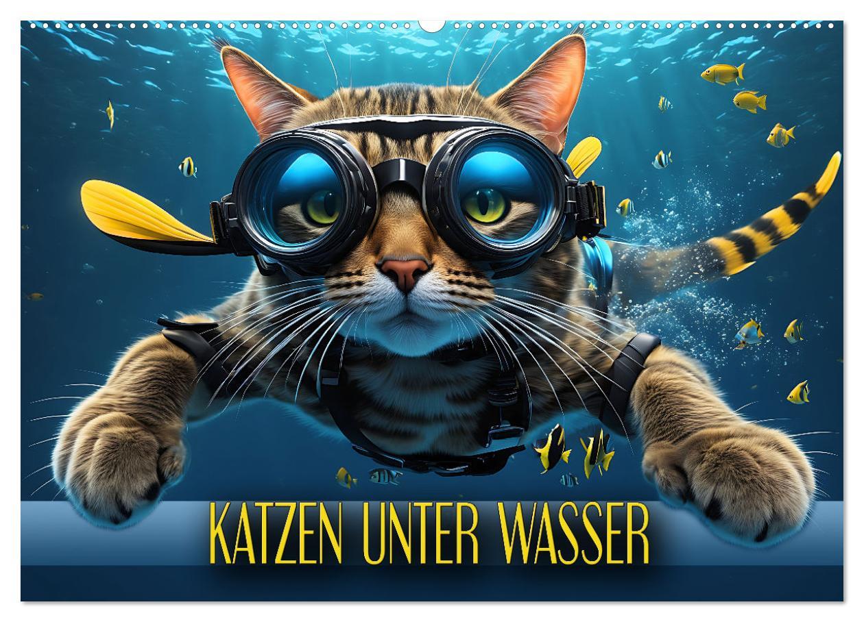 Cover: 9783383843433 | Katzen unter Wasser (Wandkalender 2025 DIN A2 quer), CALVENDO...