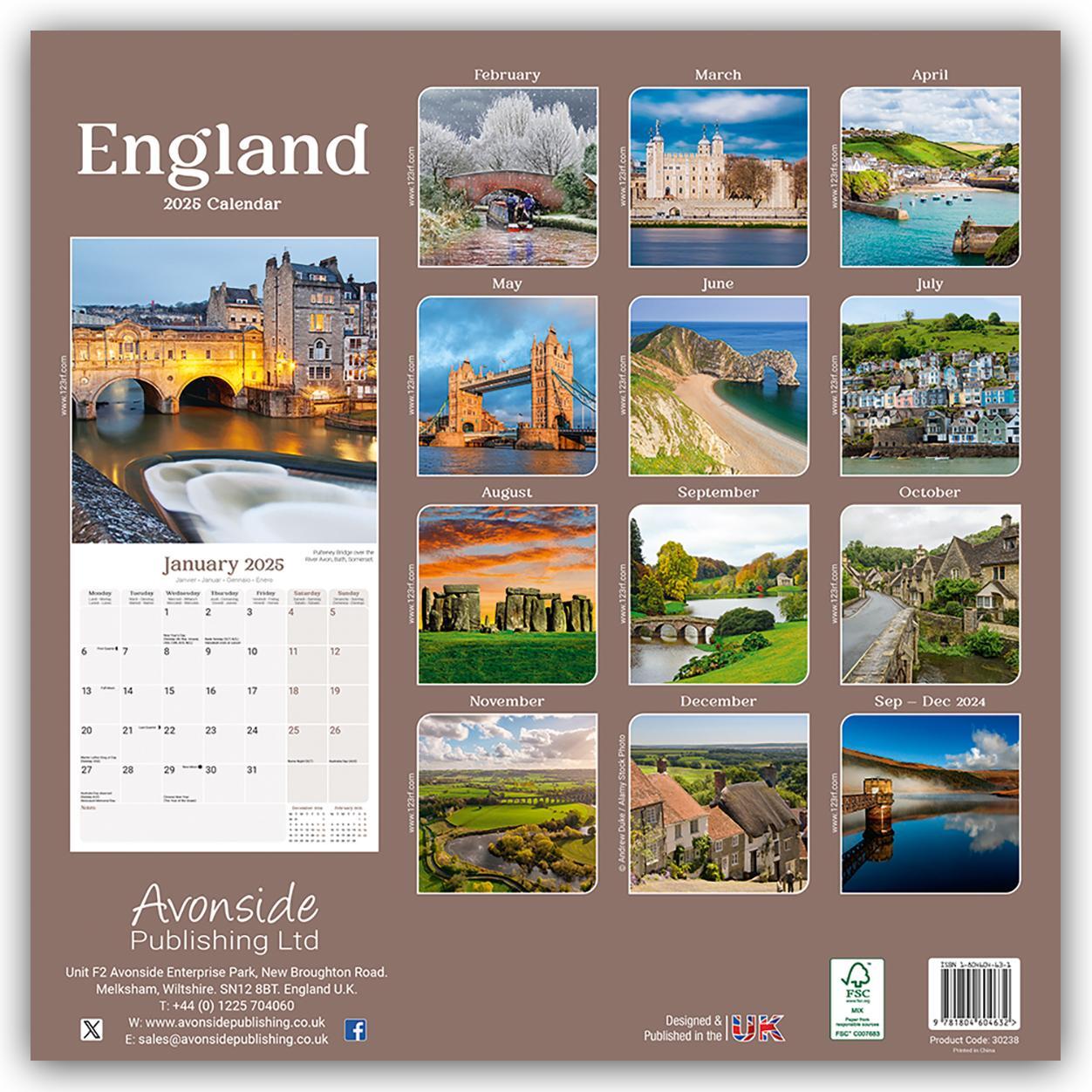 Rückseite: 9781804604632 | England 2025 - 16-Monatskalender | Avonside Publishing Ltd | Kalender