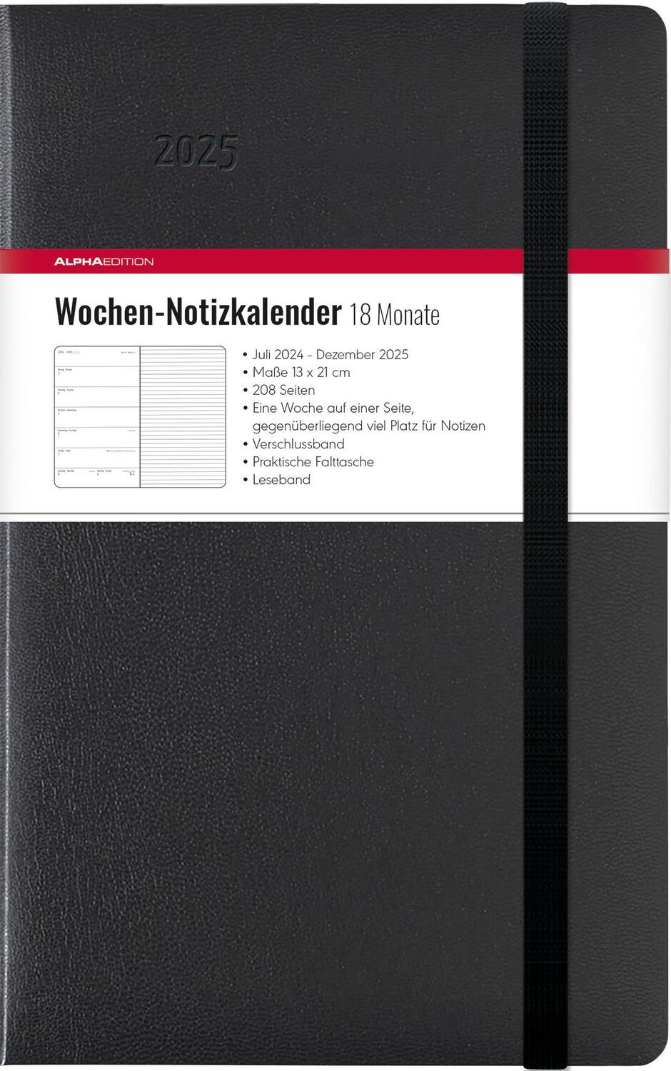 Cover: 4251732344580 | Wochen Notizkalender 18 Monate groß Black 2025 - Taschen-Kalender...