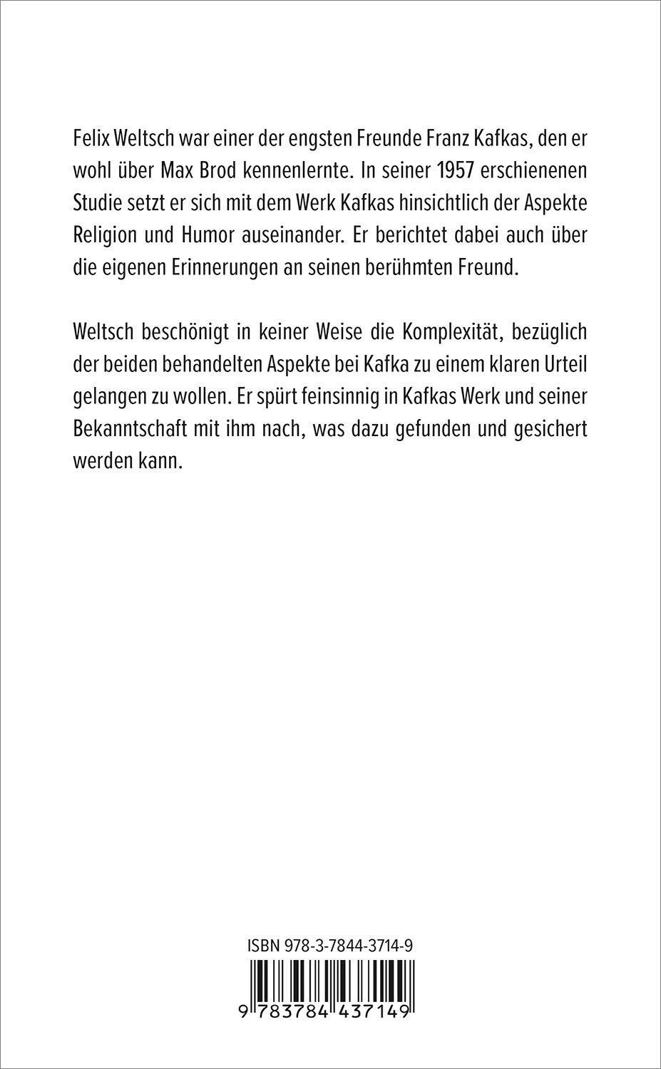 Rückseite: 9783784437149 | Religion und Humor im Leben und Werk Franz Kafkas | Felix Weltsch