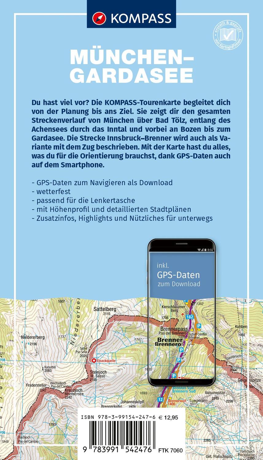 Rückseite: 9783991542476 | KOMPASS Fahrrad-Tourenkarte München - Gardasee, Radweg via Brenner...