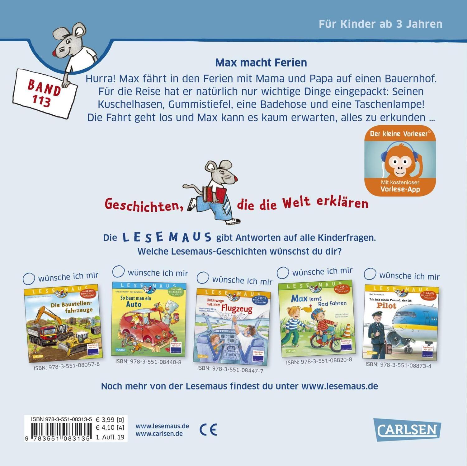 Rückseite: 9783551083135 | LESEMAUS 113: Max macht Ferien | Christian Tielmann | Taschenbuch