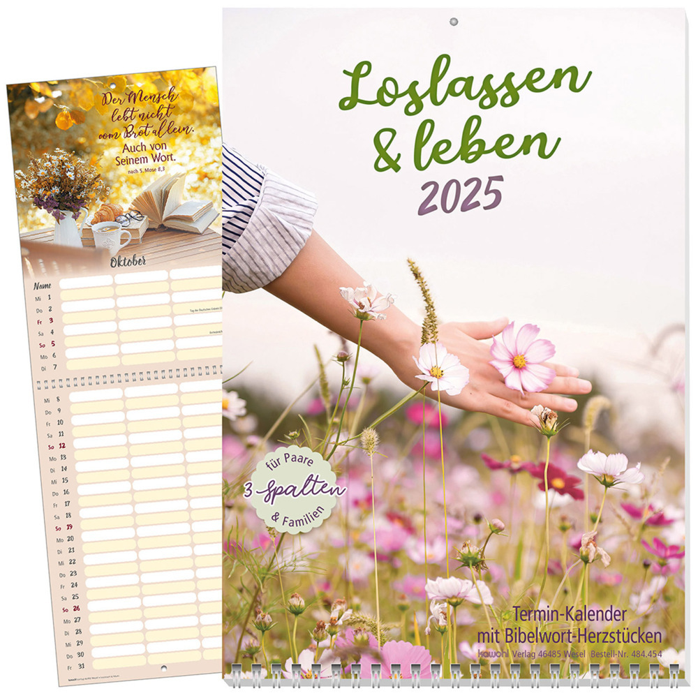 Cover: 9783754845455 | Loslassen &amp; leben 2025 | Terminkalender mit Bibelwort-Herzstücken