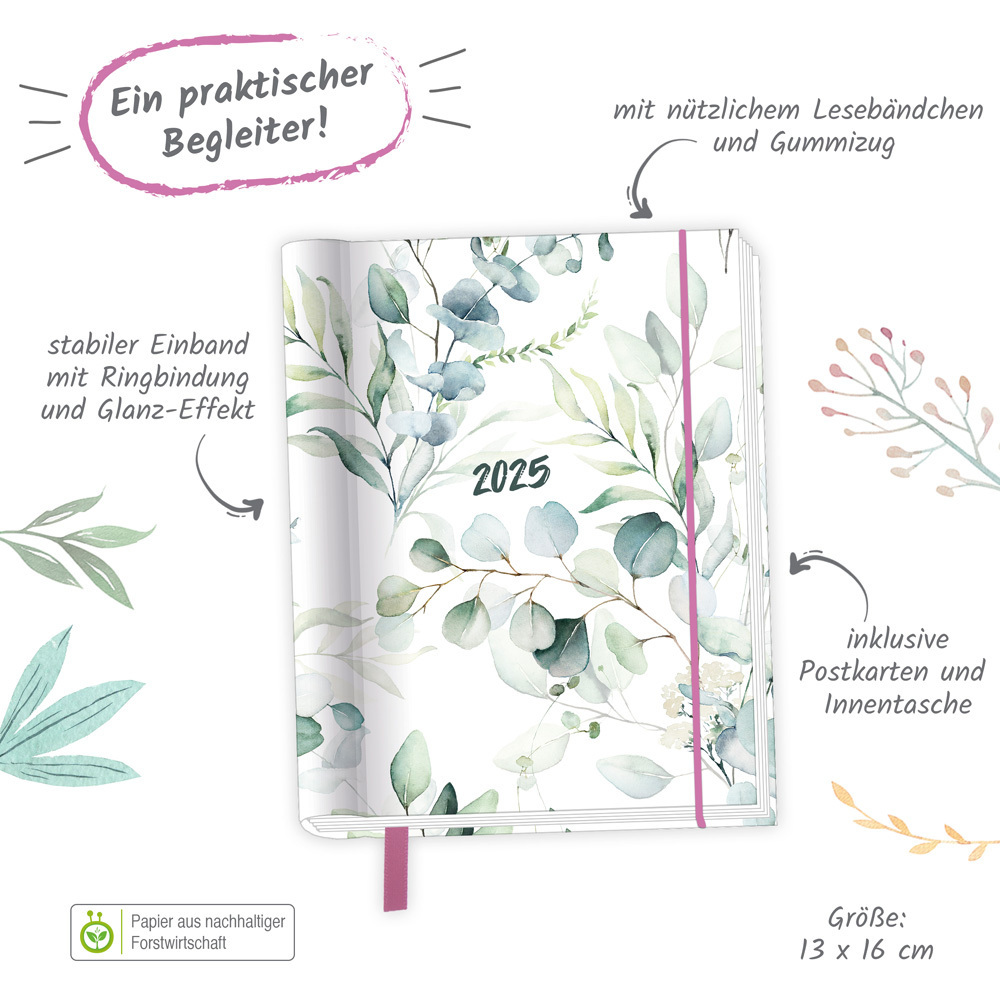 Bild: 4251901507259 | Trötsch Taschenkalender A6 Wire-O Motiv Blätter 2025 mit Postkarten