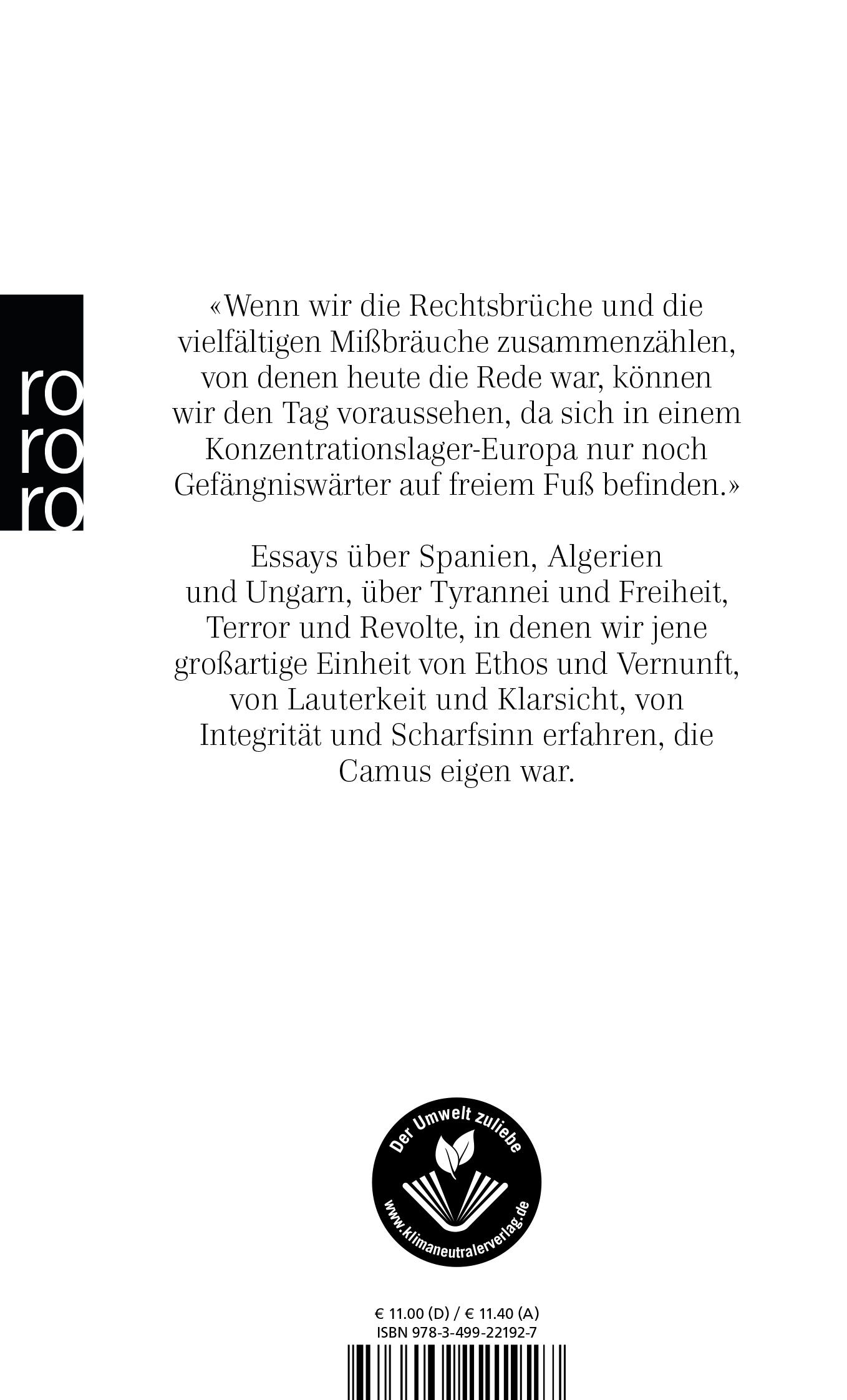 Rückseite: 9783499221927 | Verteidigung der Freiheit | Politische Essays | Albert Camus | Buch