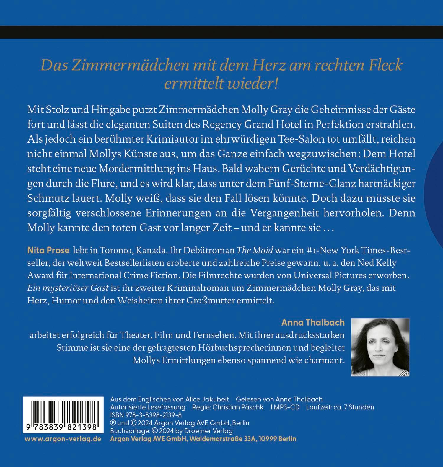 Rückseite: 9783839821398 | Ein mysteriöser Gast | Zimmermädchen Molly Gray ermittelt | Nita Prose