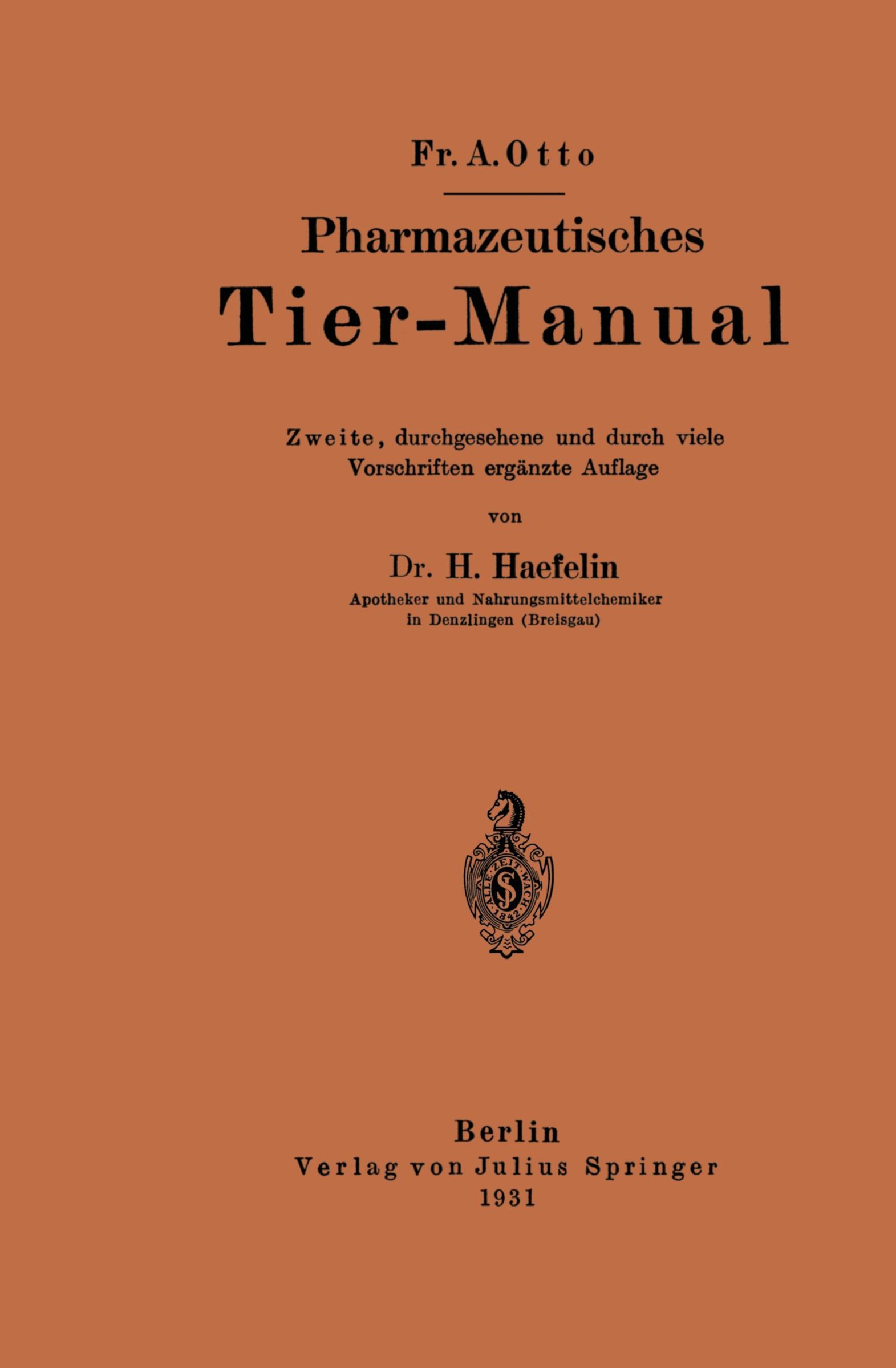 Cover: 9783642983399 | Pharmazeutisches Tier-Manual | H. Haefelin (u. a.) | Taschenbuch