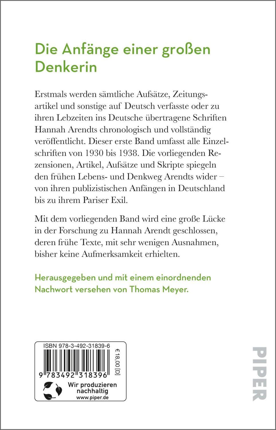 Rückseite: 9783492318396 | Vorträge und Aufsätze 1930-1938 | Hannah Arendt | Taschenbuch | 368 S.