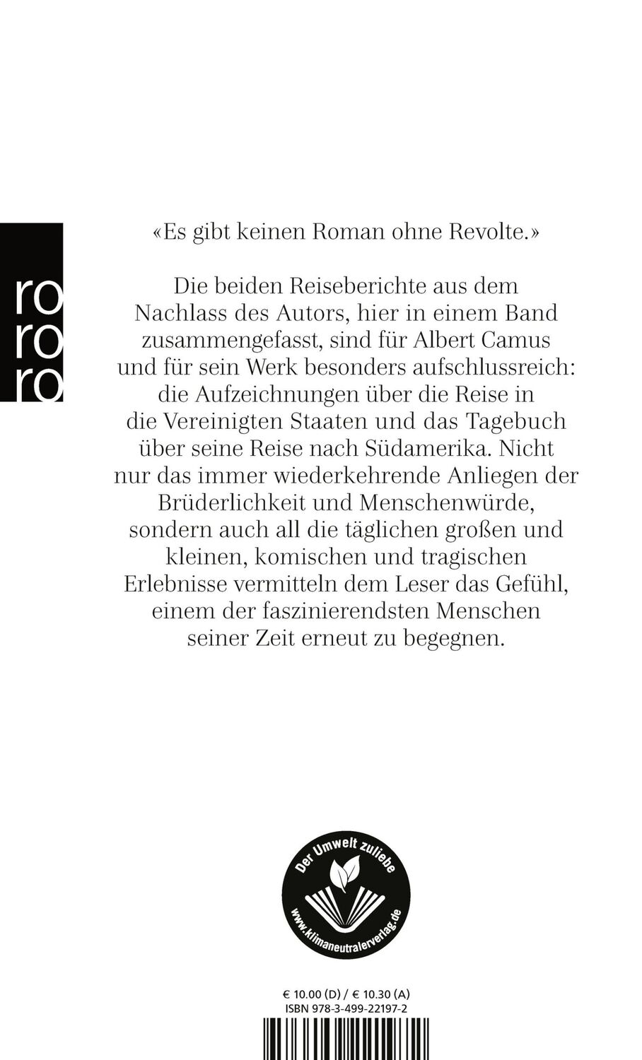 Rückseite: 9783499221972 | Reisetagebücher | Albert Camus | Taschenbuch | 124 S. | Deutsch | 1997