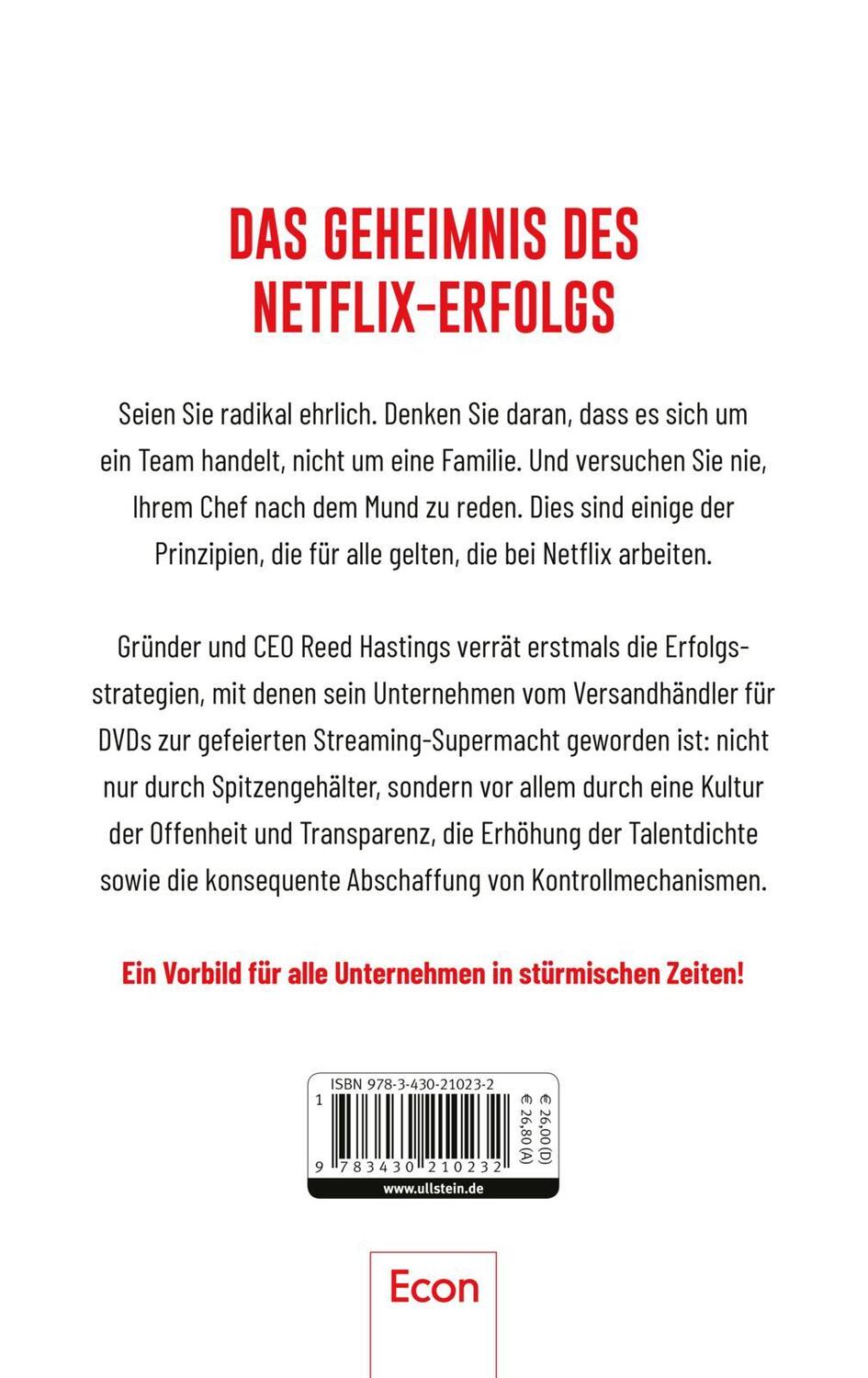 Rückseite: 9783430210232 | Keine Regeln | Reed Hastings (u. a.) | Buch | 400 S. | Deutsch | 2020