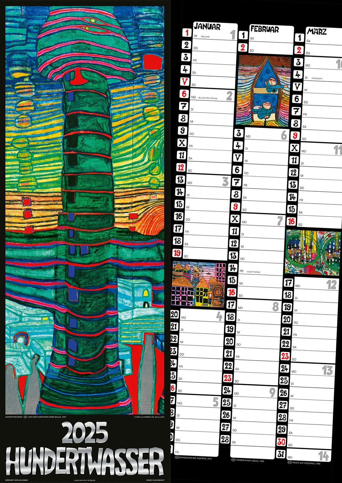 Cover: 9783910430174 | Hundertwasser Streifenkalender Art 2025 | Wörner Verlag GmbH | 6 S.