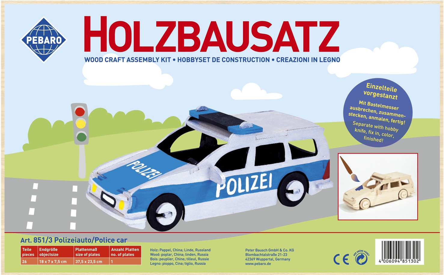 Cover: 4006094851302 | PEBARO 851/3 - Holzbausatz Polizeiauto, 26 Teile, Holzkonstruktion...