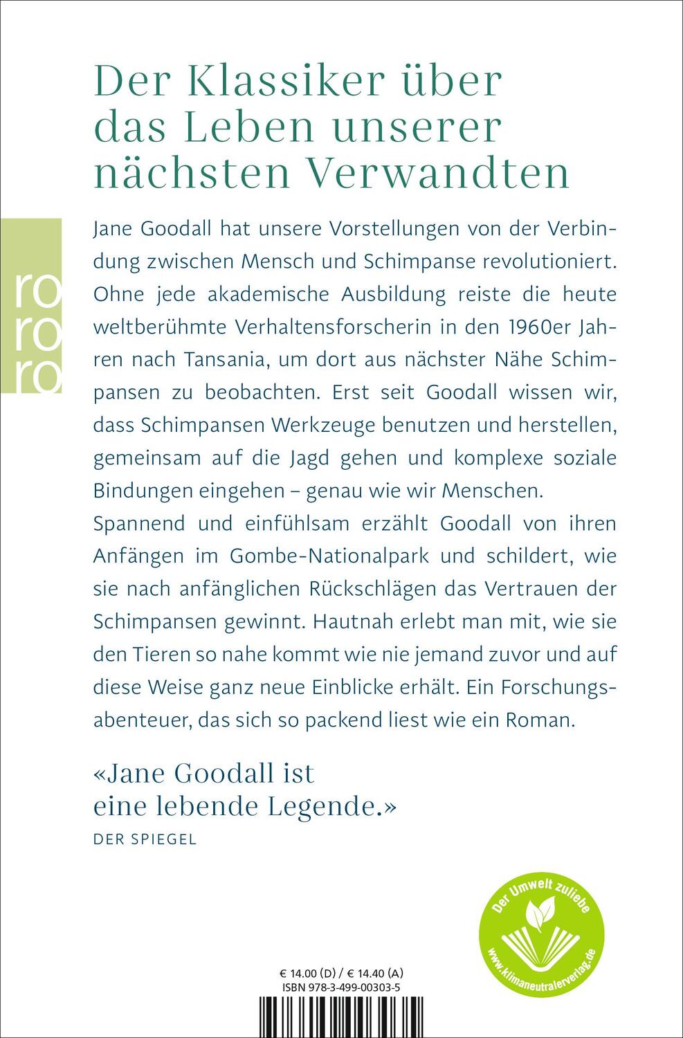 Rückseite: 9783499003035 | Wilde Schimpansen | Verhaltensforschung am Gombe-Strom | Jane Goodall