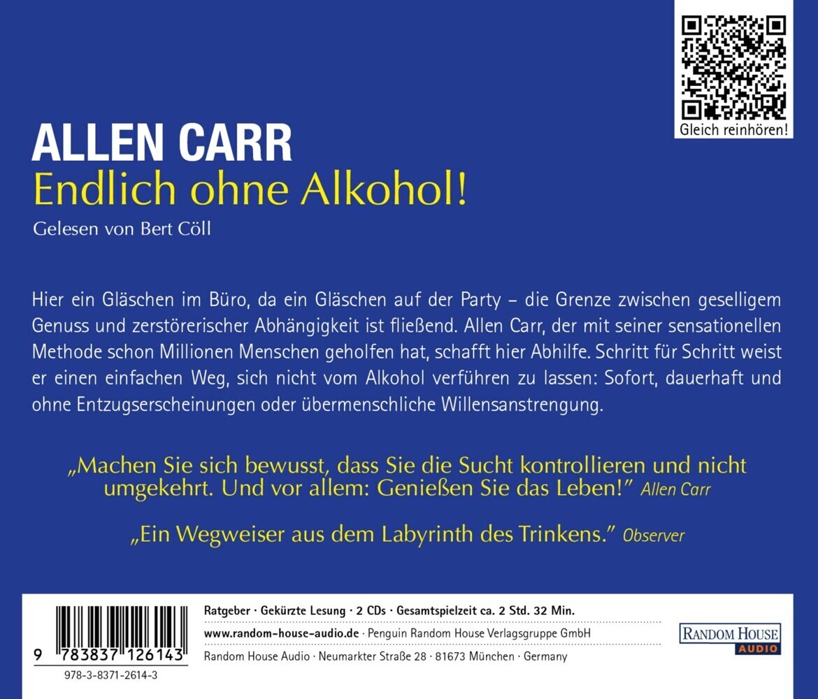 Bild: 9783837126143 | Endlich ohne Alkohol!, 2 Audio-CDs | Allen Carr | Audio-CD | 152 Min.