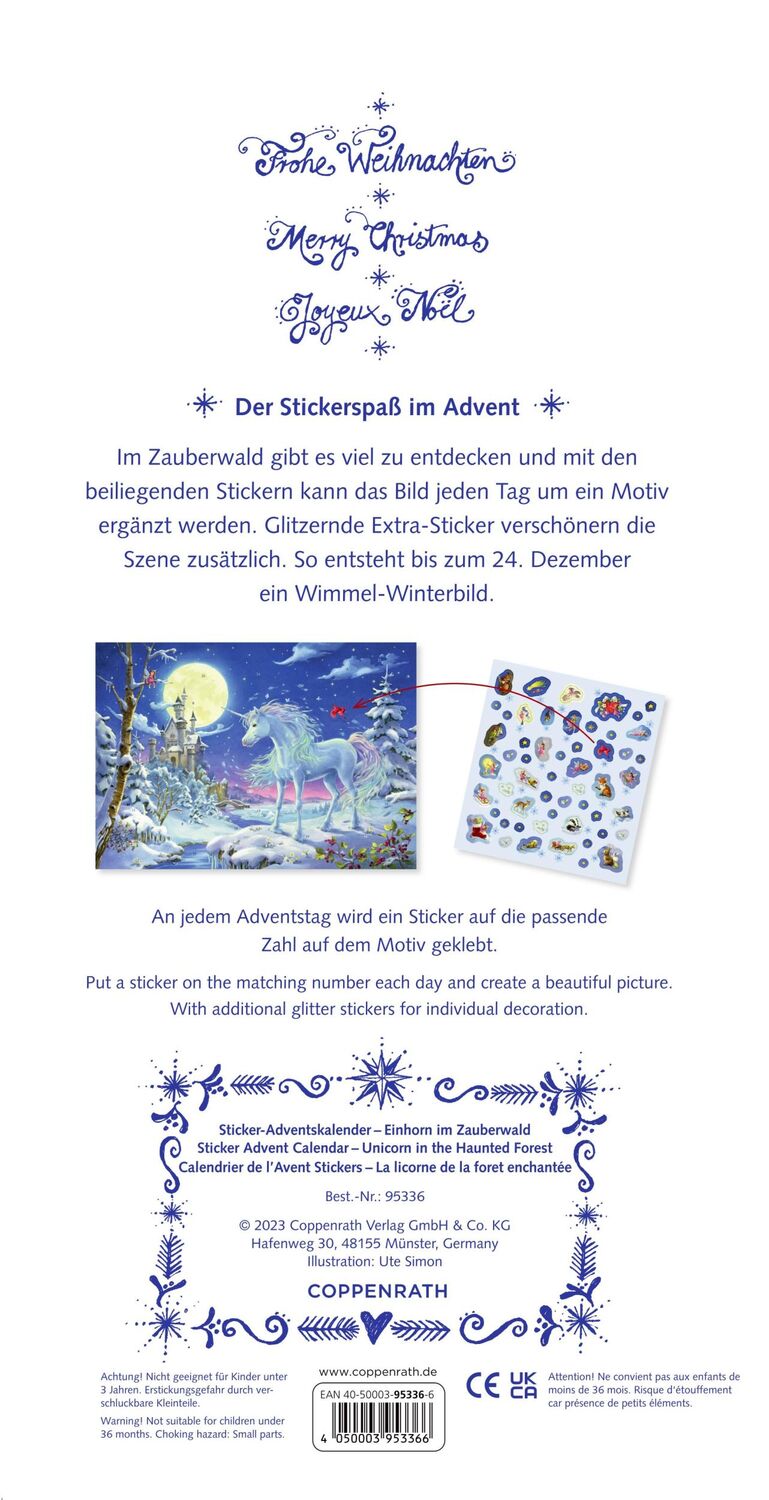 Rückseite: 4050003953366 | Sticker-Adventskalender - Einhorn im Zauberwald | Ute Simon | Kalender