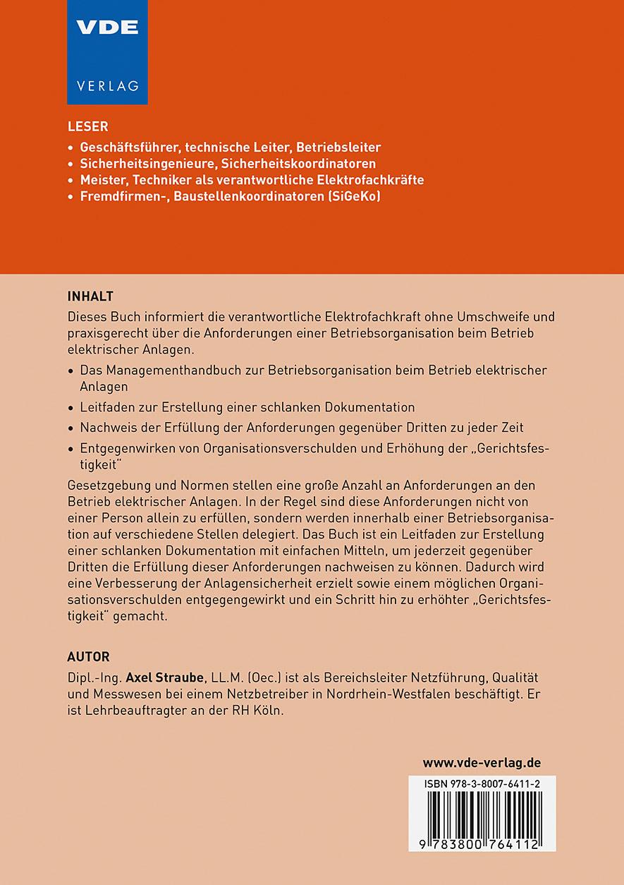 Rückseite: 9783800764112 | Das Managementhandbuch für den Betrieb elektrischer Anlagen | Straube