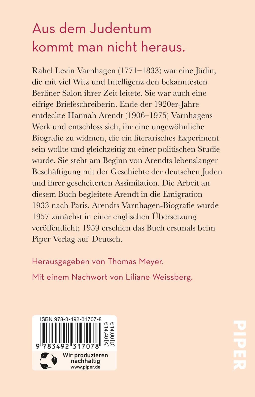 Rückseite: 9783492317078 | Rahel Varnhagen | Hannah Arendt | Taschenbuch | 416 S. | Deutsch