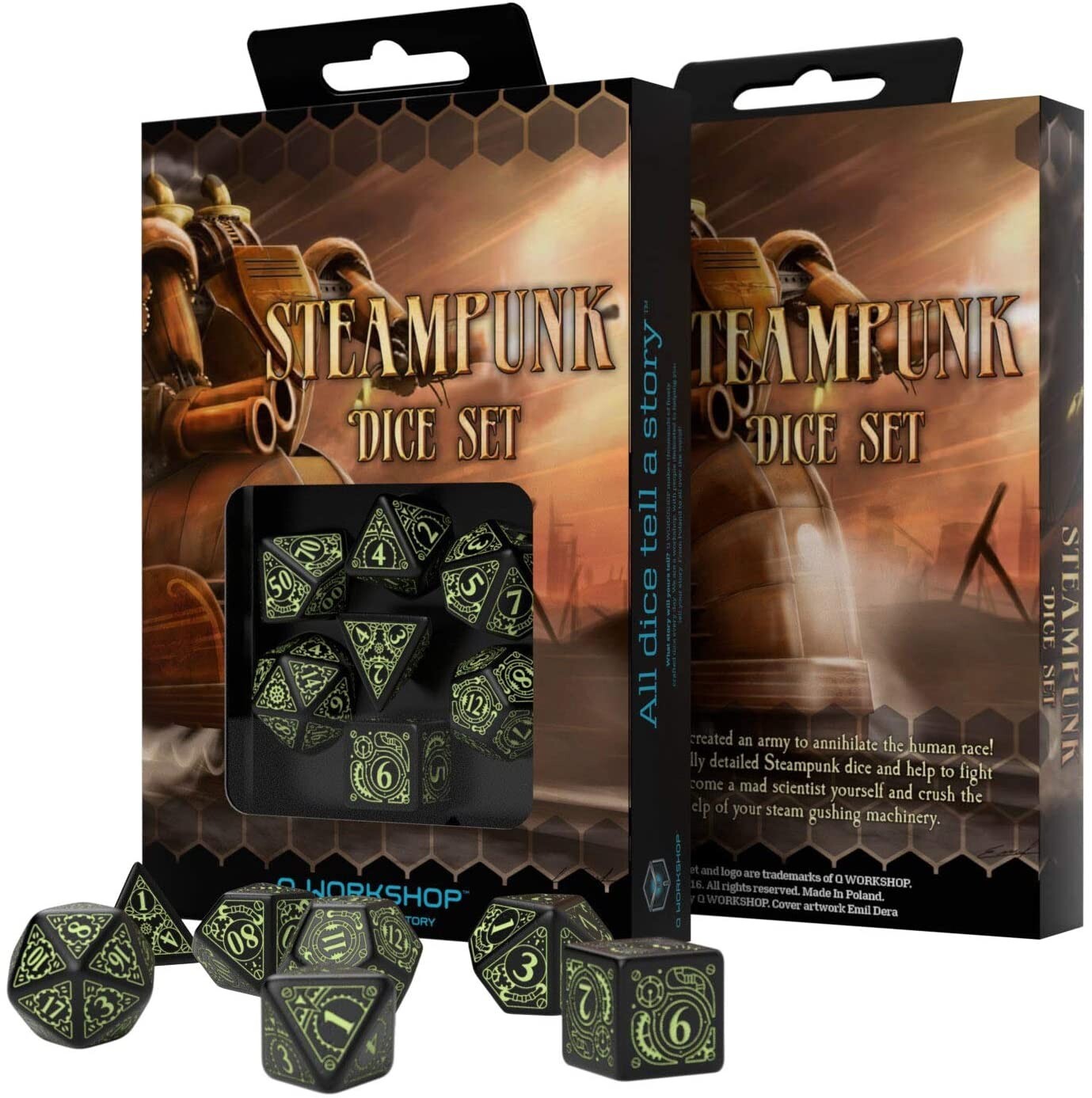 Cover: 5907699492404 | Steampunk Black &amp; glow-in-the-dark Dice Set (7) | Steampunk-Dice