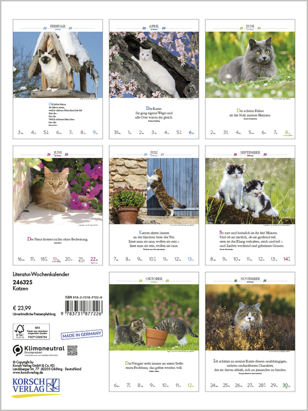 Bild: 9783731877226 | Literaturkalender Katzen 2025 | Korsch Verlag | Kalender | 54 S.