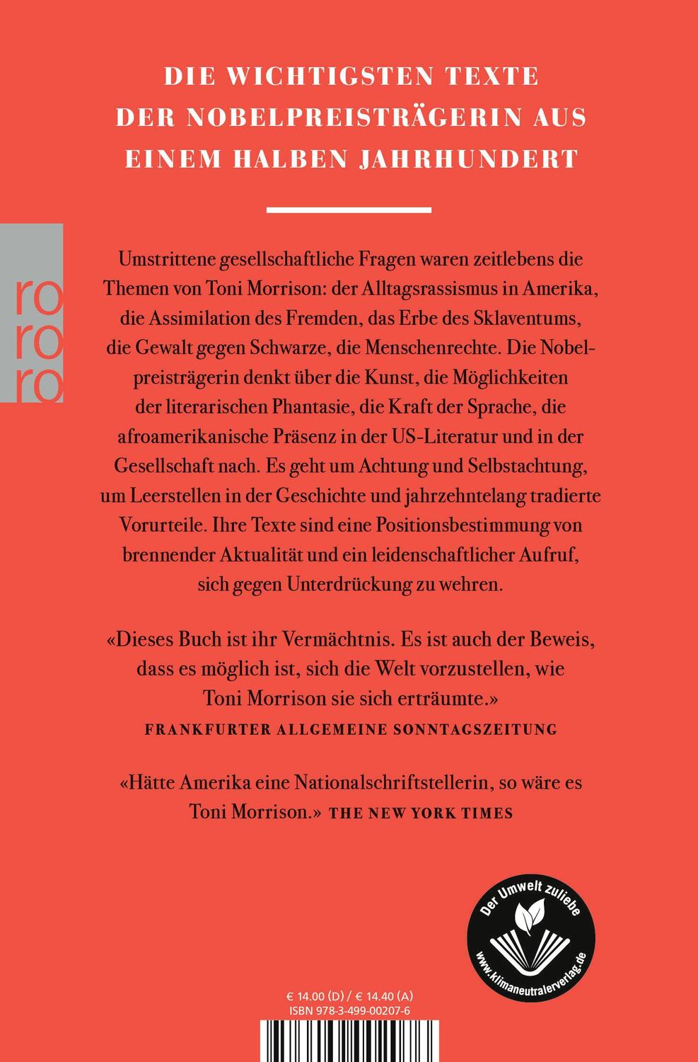 Rückseite: 9783499002076 | Selbstachtung | Ausgewählte Essays | Toni Morrison | Taschenbuch