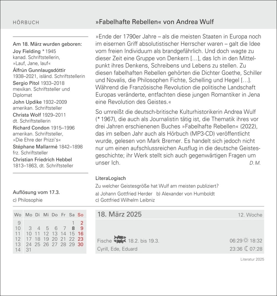 Bild: 9783840033308 | Literatur Tagesabreißkalender 2025 - Kulturkalender - Autoren,...