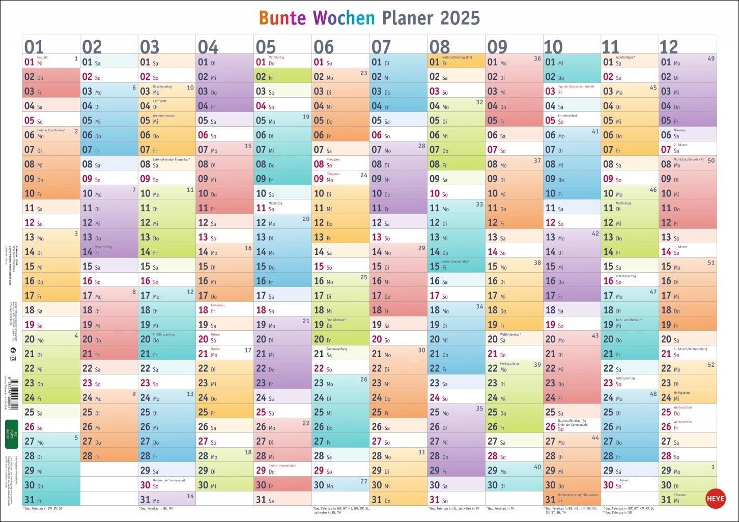 Cover: 9783756408894 | Bunte Wochen Posterplaner 2025 | Kalender | Bürokalender Heye | LOSEBL