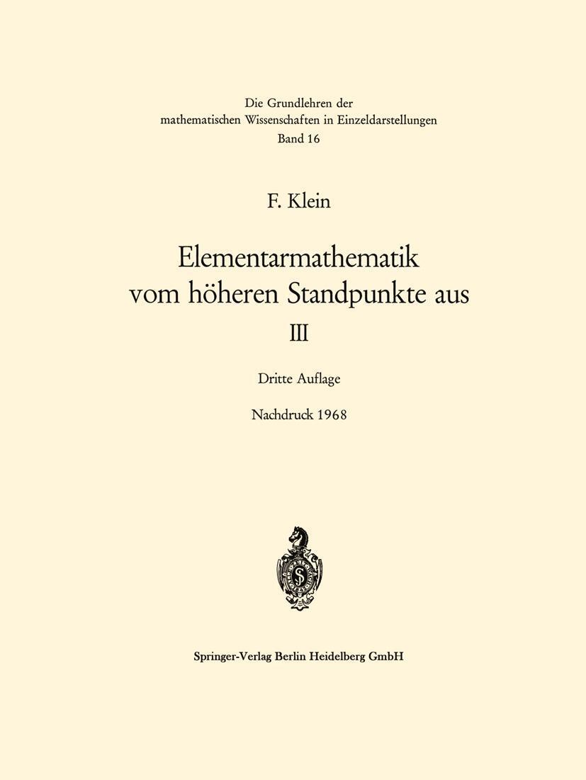 Cover: 9783540041283 | Elementarmathematik vom höheren Standpunkte aus, III | Felix Klein | x